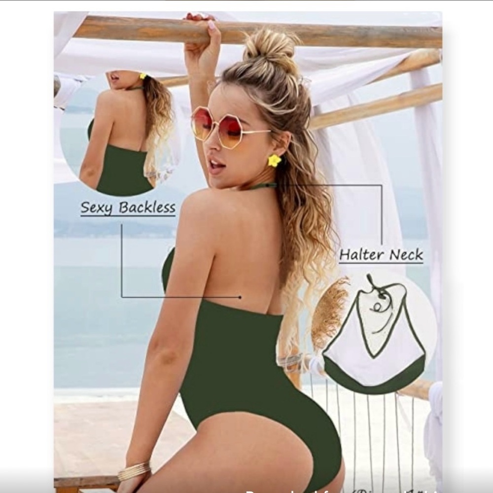 BLOOMINGJELLY One Piece Swimsuit Lace Vintage Halter In Hunter Green XL - Picture 2 of 12